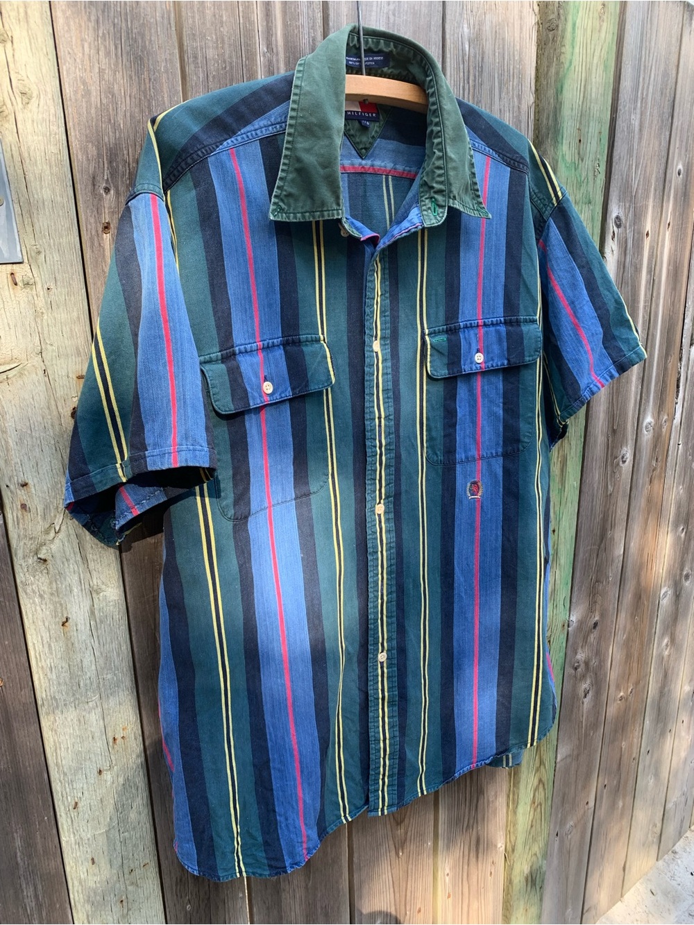 vintage Tommy Hilfiger - 100%coton - Short Sleeve Button Down Shirt Green Blue L
